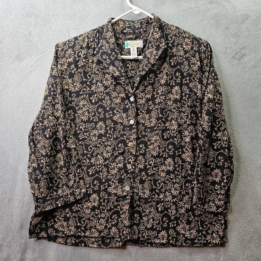 Talbots Shirt Womens Sz 8 Black Floral Rayon Casual Long Sleeve Button Up